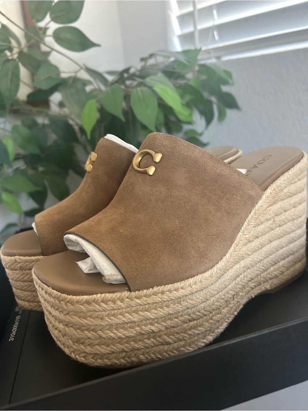 Coach Brown Suede Platform Espadrille Slides with Gold C Logo - Picture 3 of 5